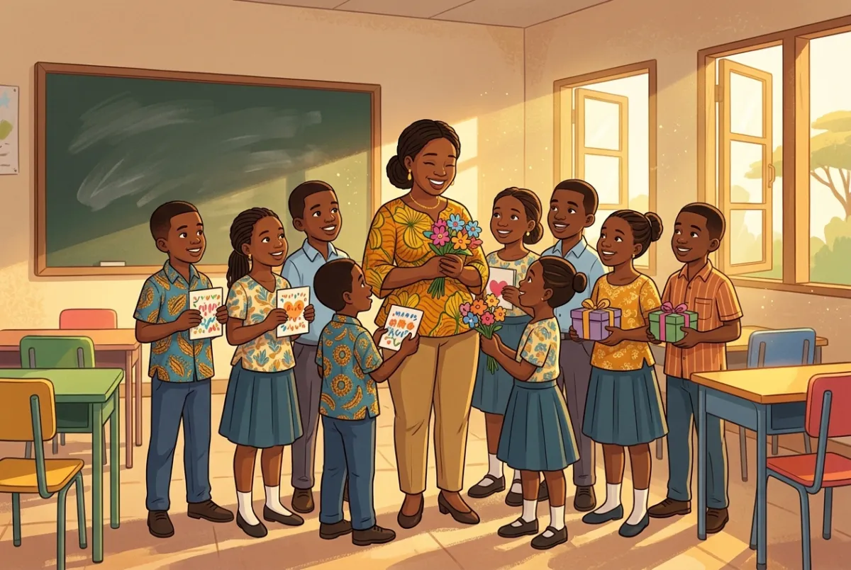 Illustration of students giving their teacher cards, flowers and gifts