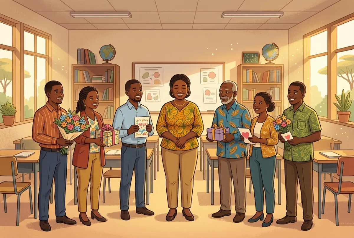 Illustration of a teacher surrounded by people bringing flowers, gifts and cards