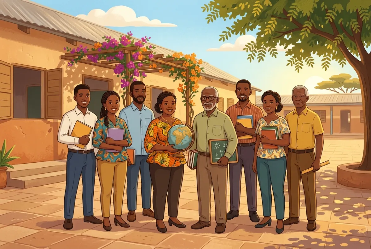 Illustration of a group of teachers standing outside their school