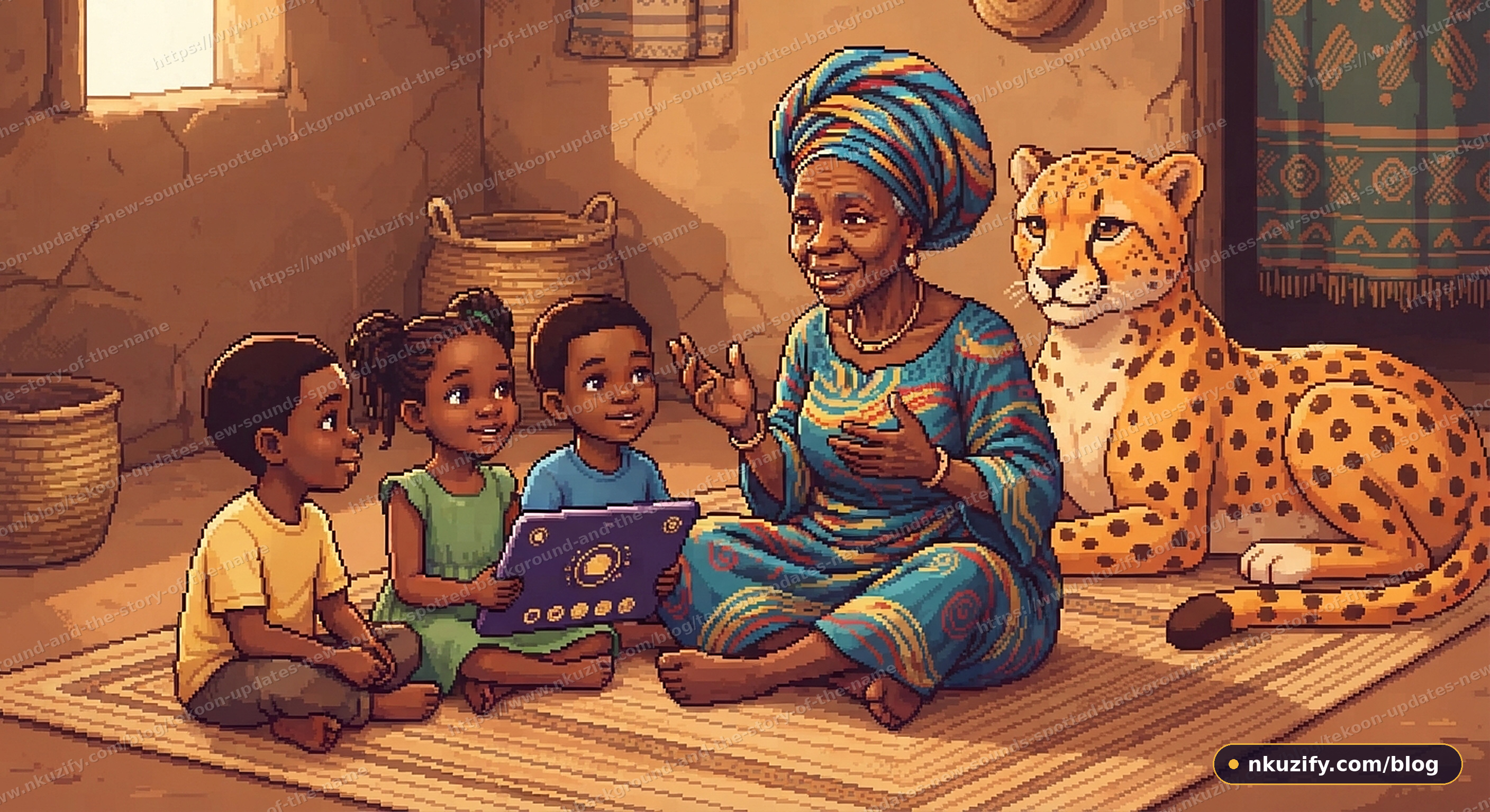 A grandmother tells the story of the name to her grandchildren, with a big spotted cheetah beside them.