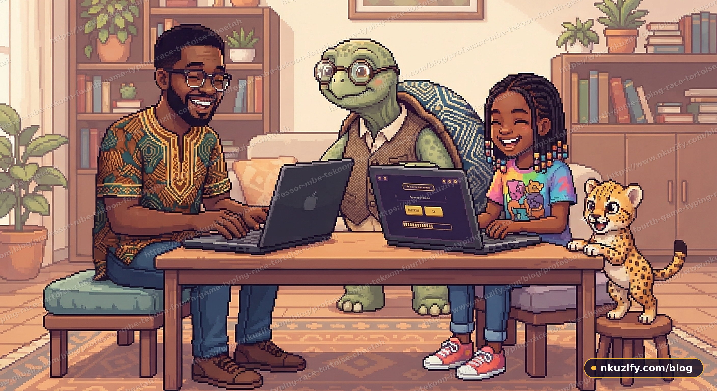 A father and daughter race each other in ‘Professor Mbe’ while a wise old tortoise watches.