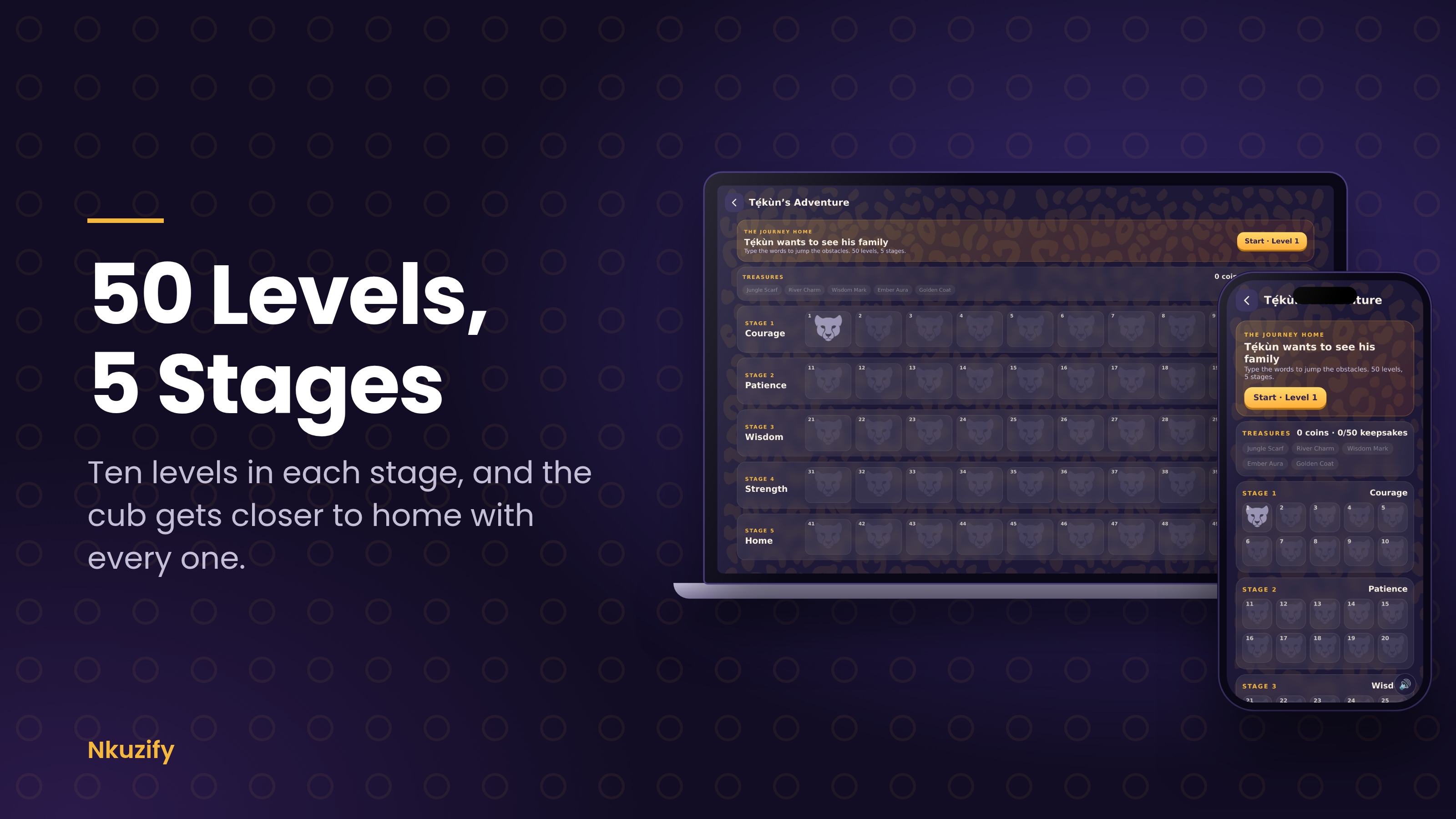 The 50 levels of the T\u1eb9\u0301k\u00f9n\u2019s Adventure on a PC and a phone.