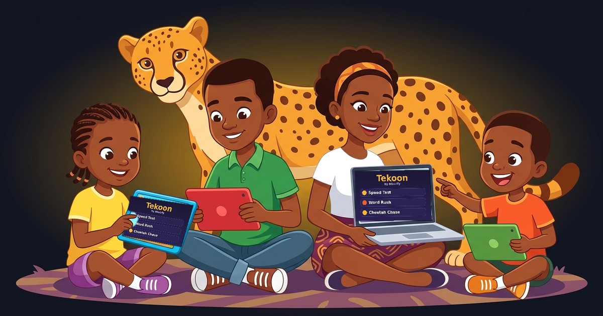 Children and teens smiling with a big cheetah behind them, getting Tekoon on their tablets and a laptop.