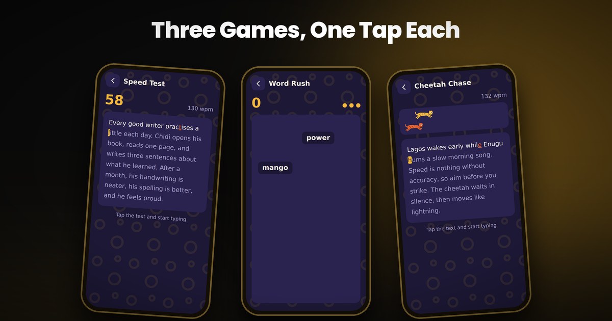 Speed Test, Word Rush and Cheetah Chase inside the Tekoon app.