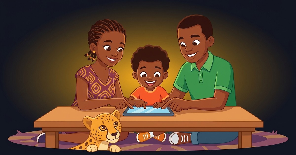 A mother and father guiding their child through Tekoon, with a little cheetah watching.