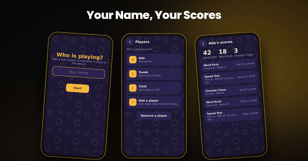 The Who is playing screen, the players list and the My scores history.